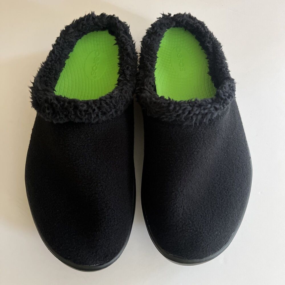 OOFOS OOmg Luxe Clog Men Black Brand New Recovery Faux Fur Slipper Comfort SZ 10